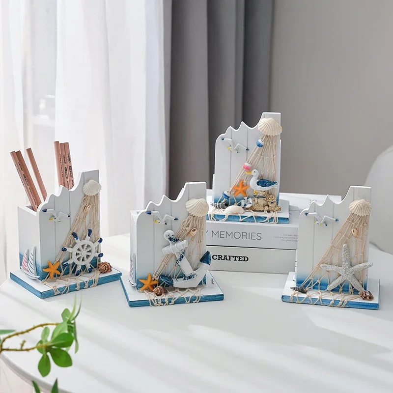 Mediterranean style creativity, pen holder storage box, ocean style home wood, office desktop decorations, ornament gifts