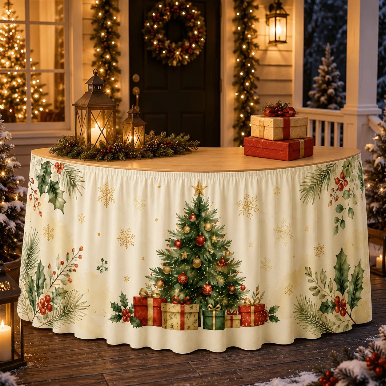 1 piece table flag table skirt, watercolor Christmas table skirt, central decorative Christmas tree gift box,  red berries.