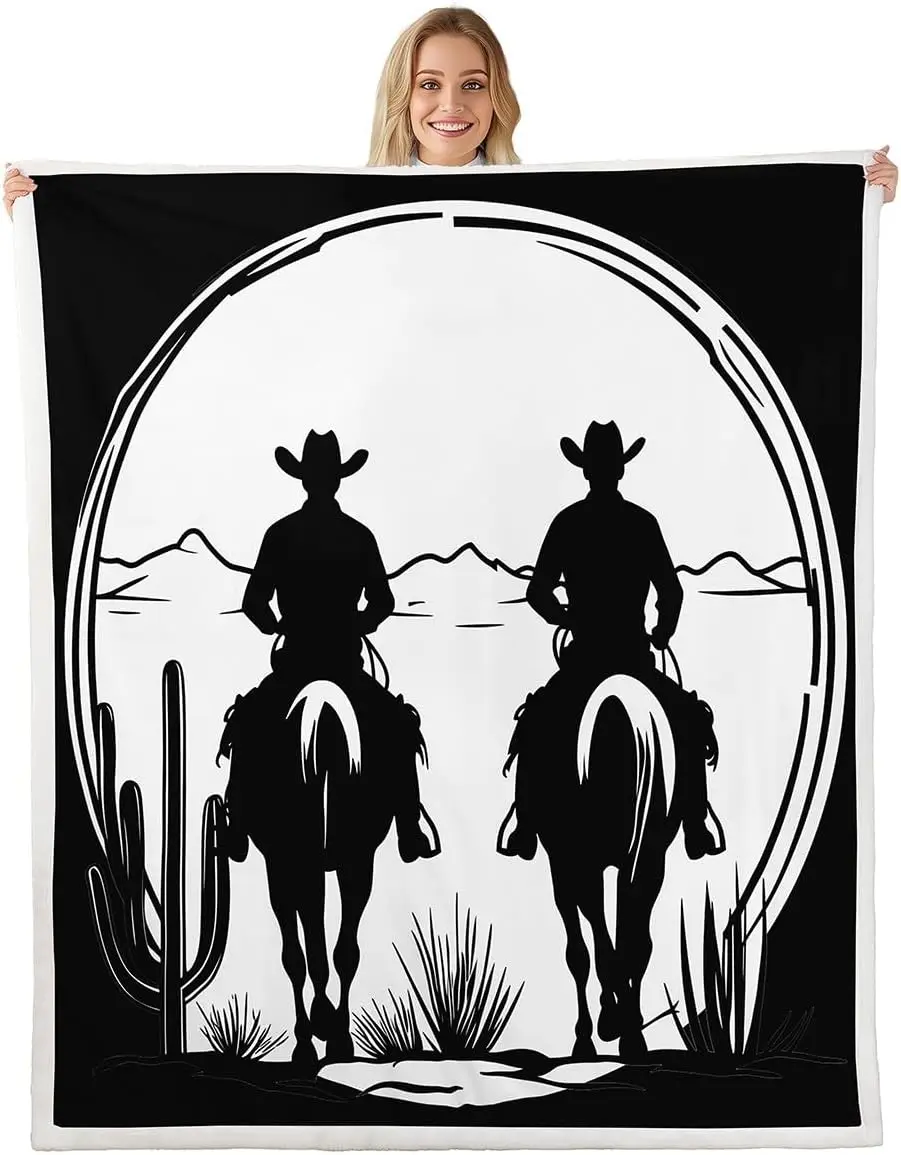 Dual Cowboy Riding Horse Cactus Mountain Round Frame Flannel Throw Blanket, Warm Cozy Blanket, Western Decor Gift For Bedroom