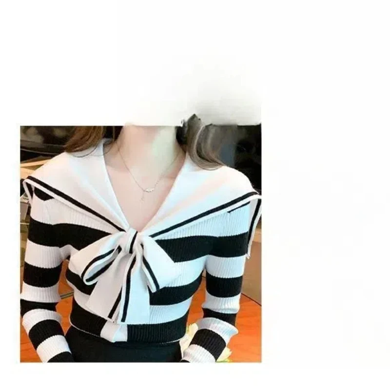 Office Lady Women\'s Clothing Autumn Winter Scarf Collar Pullover Striped Sweater Knitted Contrast Color Screw Thread Tops