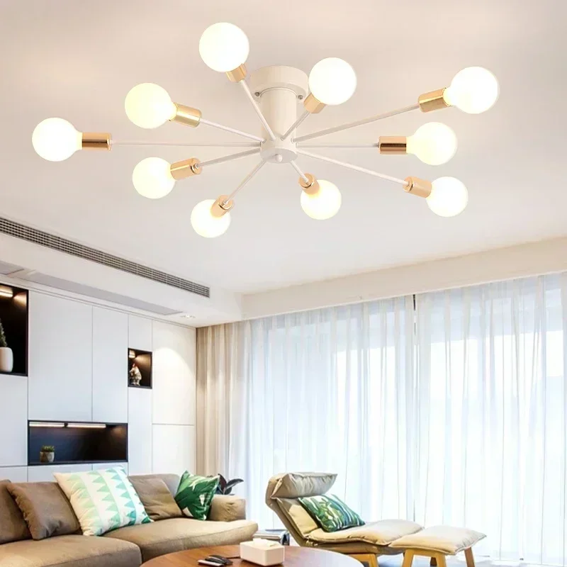 Home Vintage Ceiling Lights Multiple E27 6/8/10 Heads Black/White/Gold for Living/Dining Room Kitchen Retro LED Lustre Fixtures