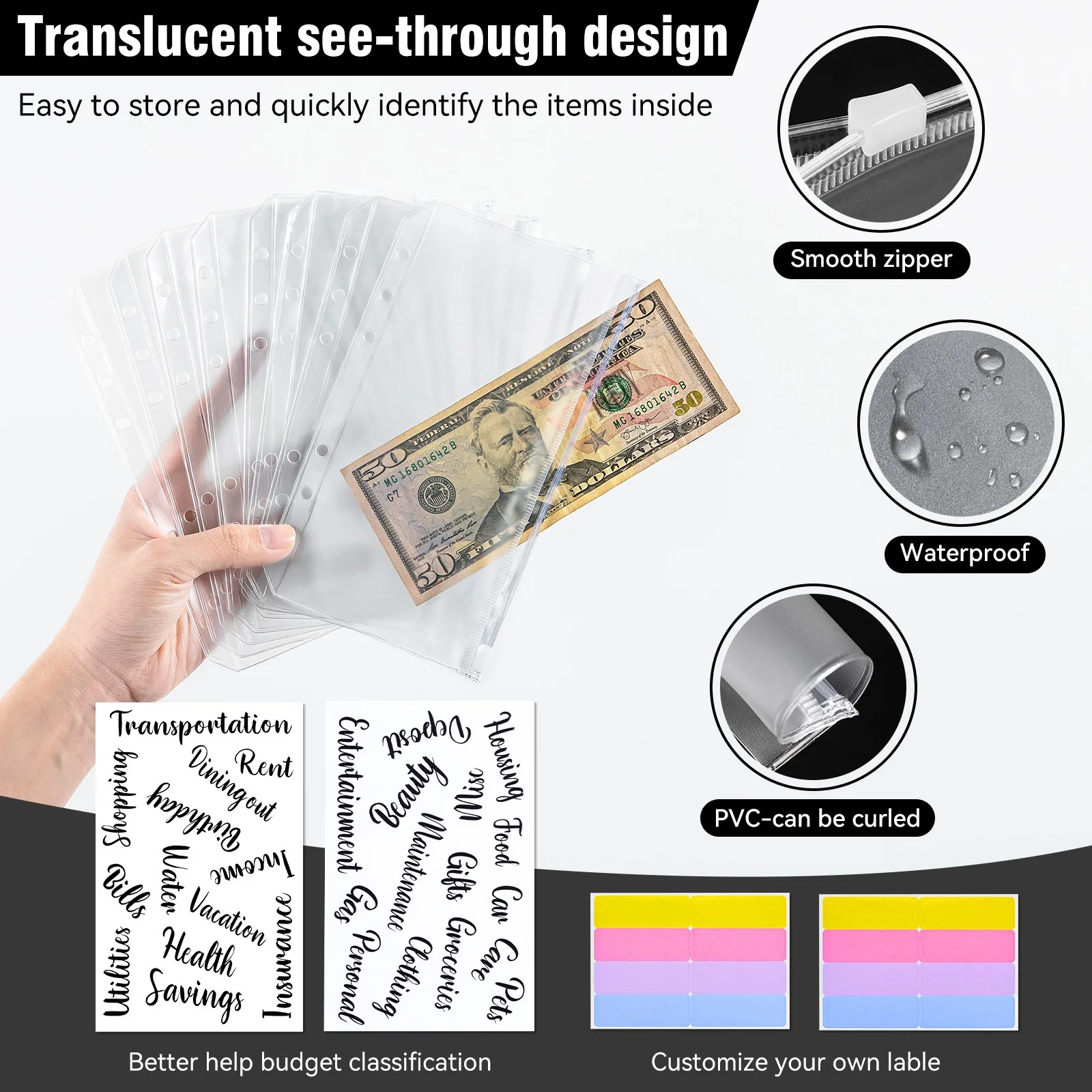 Budget Binder Notebook A6 Macaroon Stitching Binder Hand Book Notebook Leather PU Cash Contains Pockets and Stickers