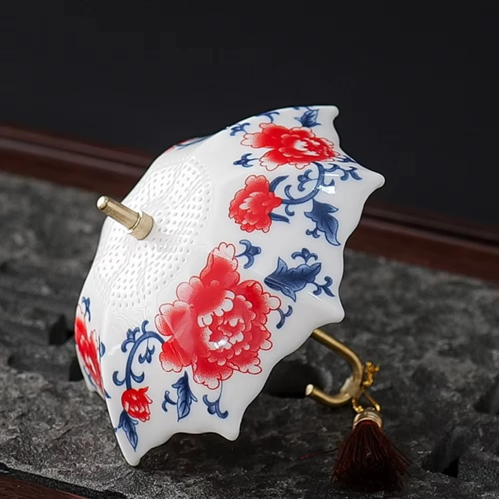 Ceramic Umbrella Tea Strainer Traditional Chinese Style Tea Infuser Blue White Porcelain Pattern Tabletop Decoration Tea Room