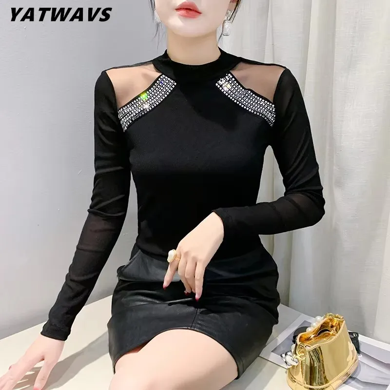 New Fashion European Women T-Shirt Clothes Chic Sexy Off Shoulder   O-Neck Hot Diamonds Tops Autumn Sweet  Female Slim Mesh Tees