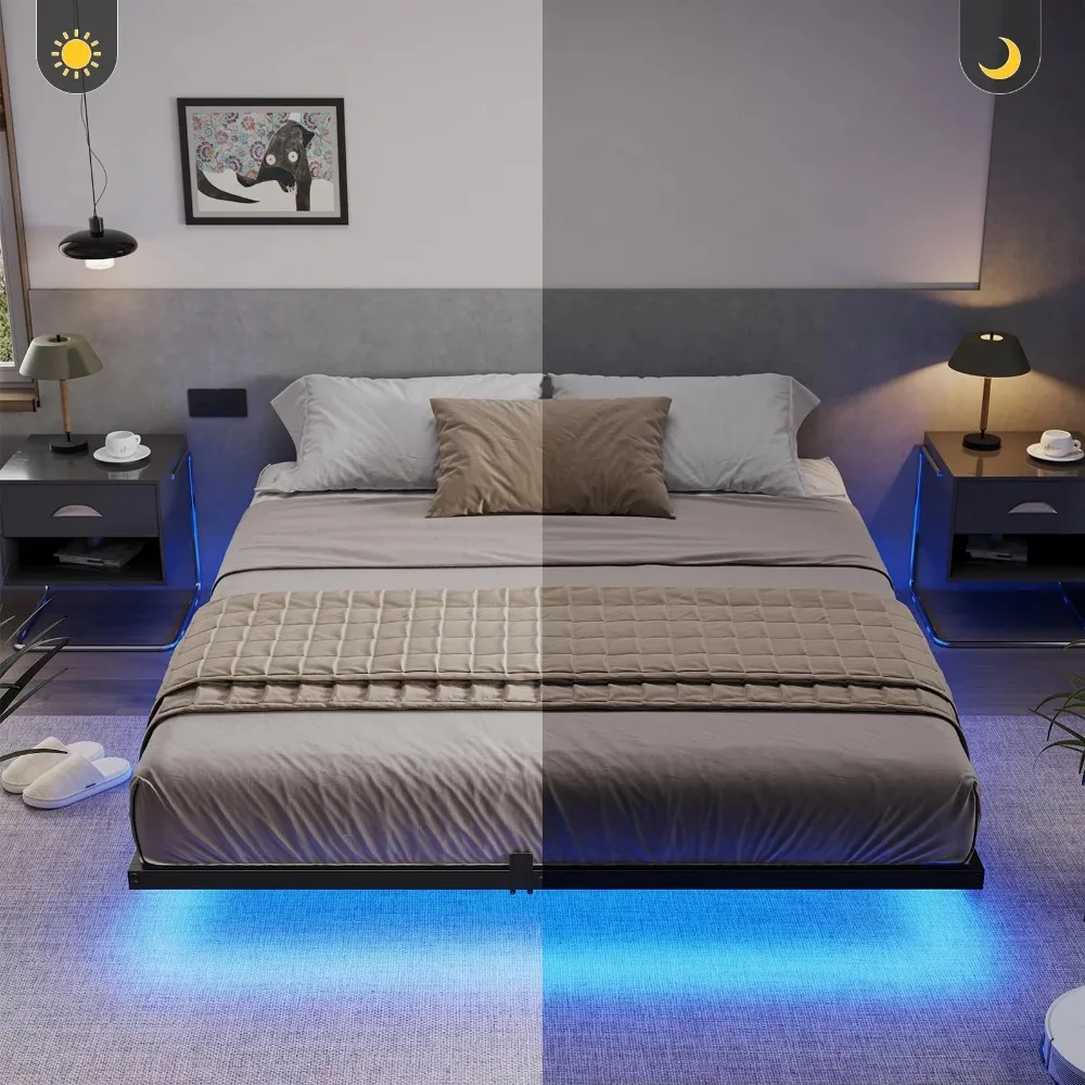 Plataforma de metal cama com luzes LED para quarto, cama flutuante, queen size, preto, sem caixa de mola necessária