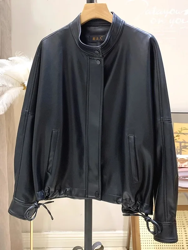 Cool Leather Jaet Women's ort eepskin Loose Slimming Large Size Sli Zipper Closure Long Sve Stand Collar Coat