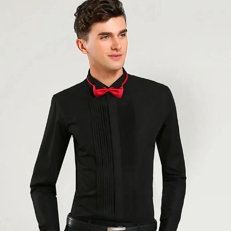 New dovetail stand collar wedding dress men\'s long sleeve shirt French buckle event performance solid color shirt send bow tie