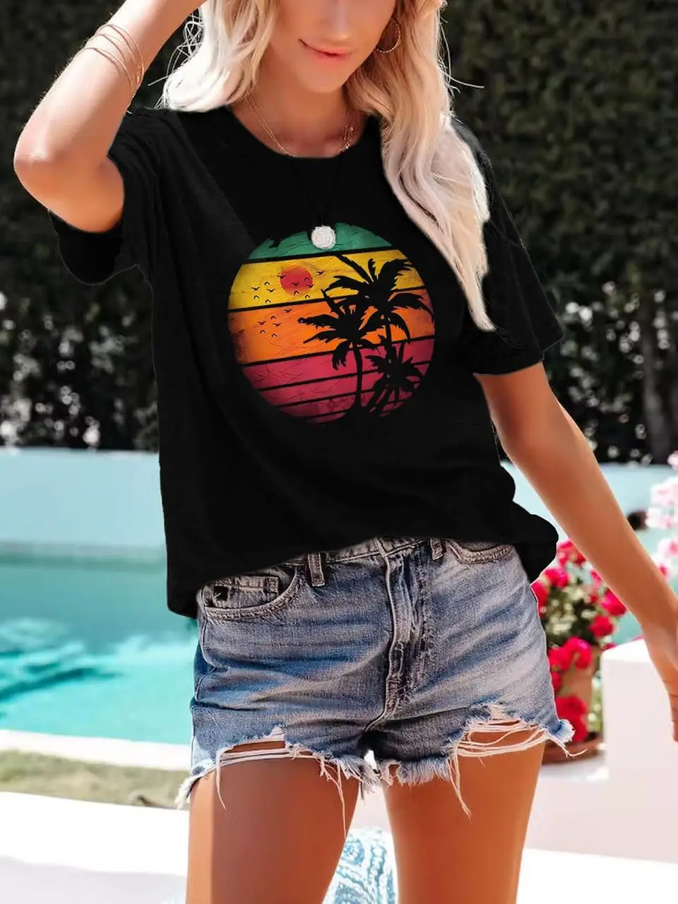 

Мягкая футболка с круглым вырезом Tropical Vacay, рубашки для женщин, женские летние пляжные футболки с рисунком заката