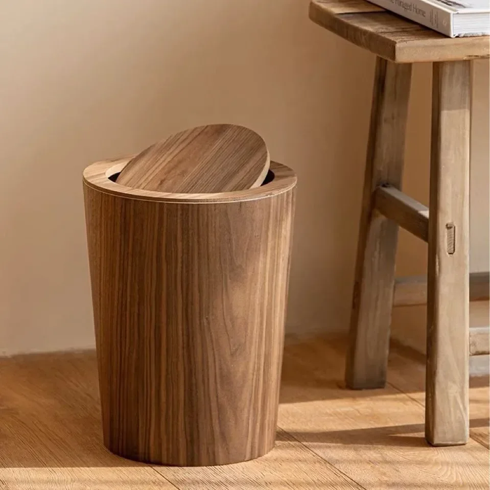 9L Garbage Can with Lid Waste Bins Solid Wood Wastebasket Home Cleaning Tools Round Trash Can Swing Cover Office Storage Baskets