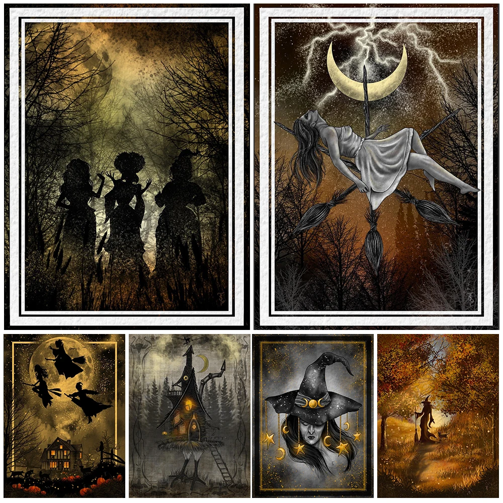 The Flying Witch And Magic Broom Vintage Wall Art Witchcraft And Magic Canvas Painting Home Of Witch Sisters Poster Print Decor