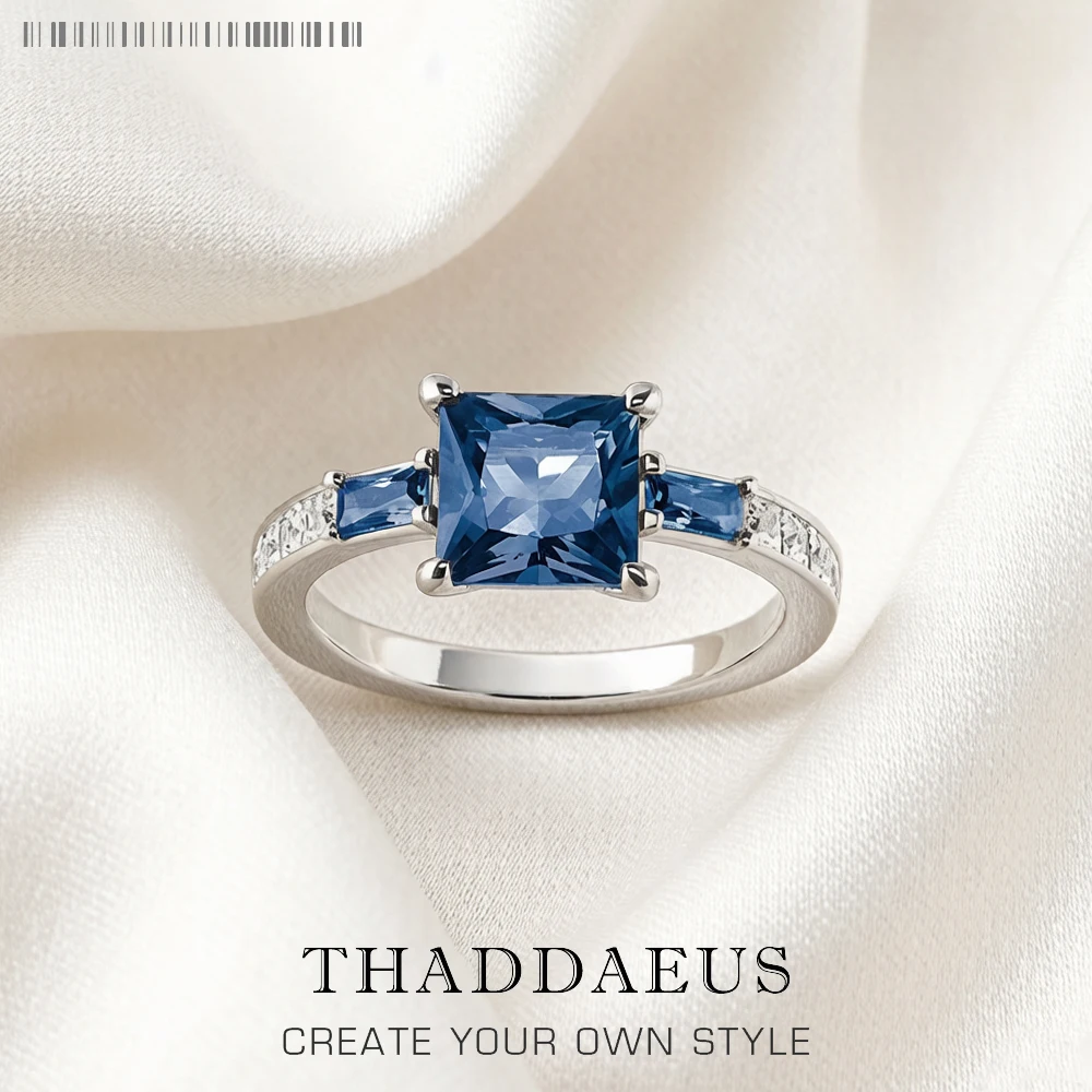 Cocktail Ring With Square Blue And White Stones,Europe Style Classical Fine Jewerly For Women New Gift In 925 Sterling Silver
