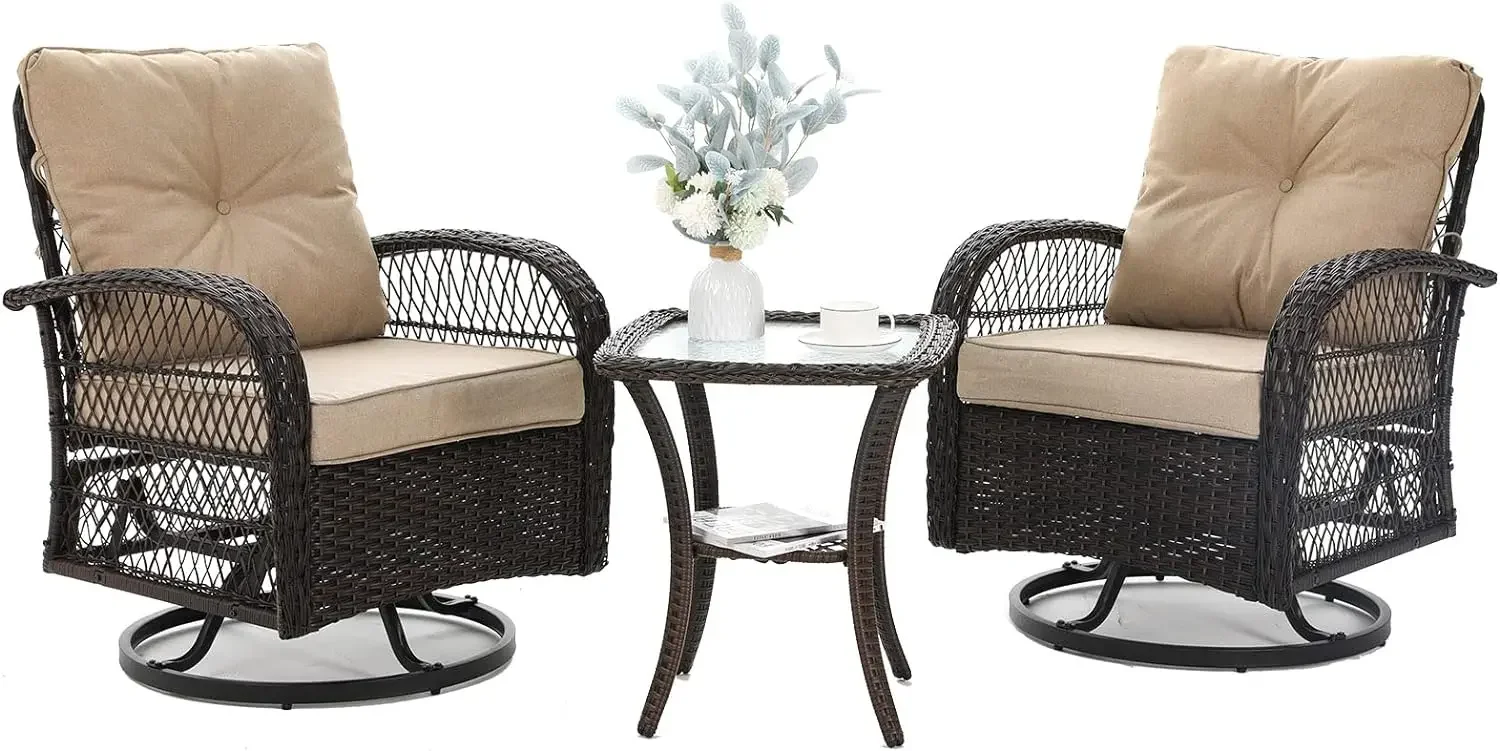 Patio Furniture Set, Outdoor Swivel Glider Rocker, Wicker Bistro Set with Rocking Chair, Thickened Cushions and Table for Porch