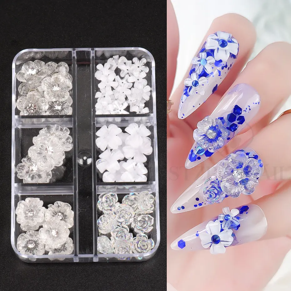 6 Grids White Flower Nail Art Decoration Charms 3D Acrylic Flakes Decor Rose Valentine Holiday Accessories Decor Nail Tool SLS70