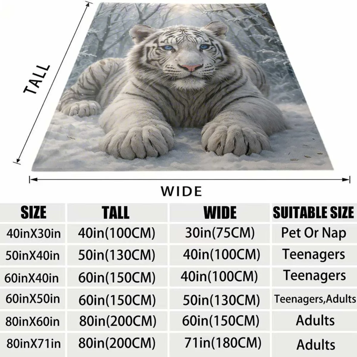 Lifelike White Bengal Tiger Snowy Frosted Bare Tree Winter Snow Scene Background Pattern Flannel Throw Blanket,Warm Cozy Blanket