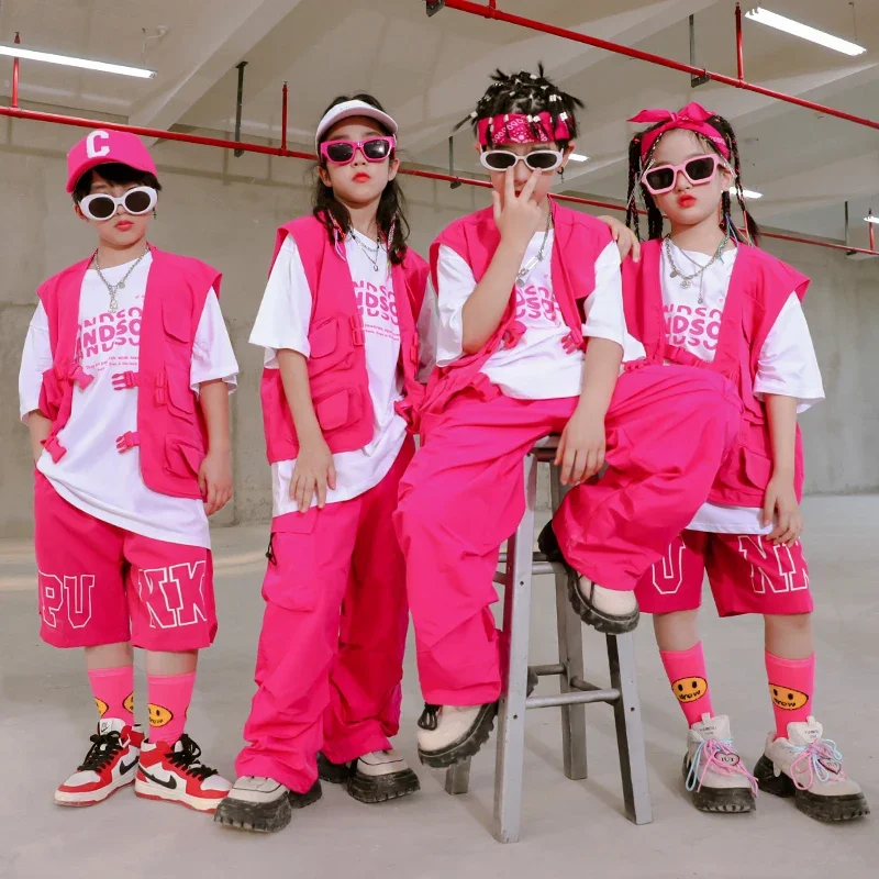 Summer Kids Hip Hop Clothing Rose Red Vest Shorts Girls Jazz Dance Costume Boys Street Dance Clothes Teenagers Group Kpop Outfit