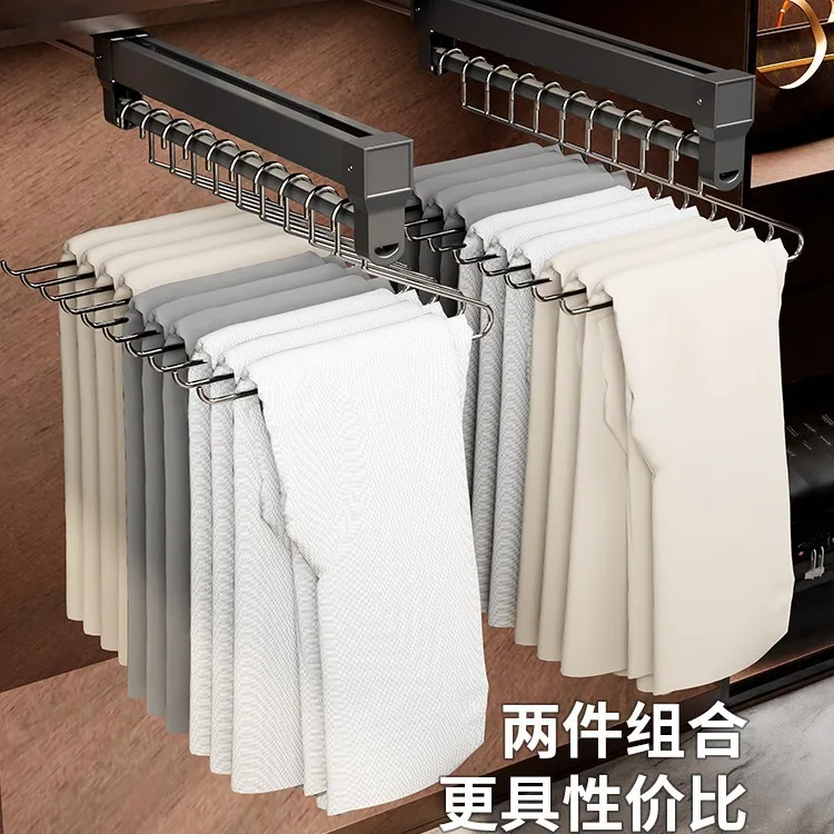 

Pull-up pants rack Telescopic slide rail Wardrobe Built-in storage artifact Top damping pants draw rack Cloakroom
