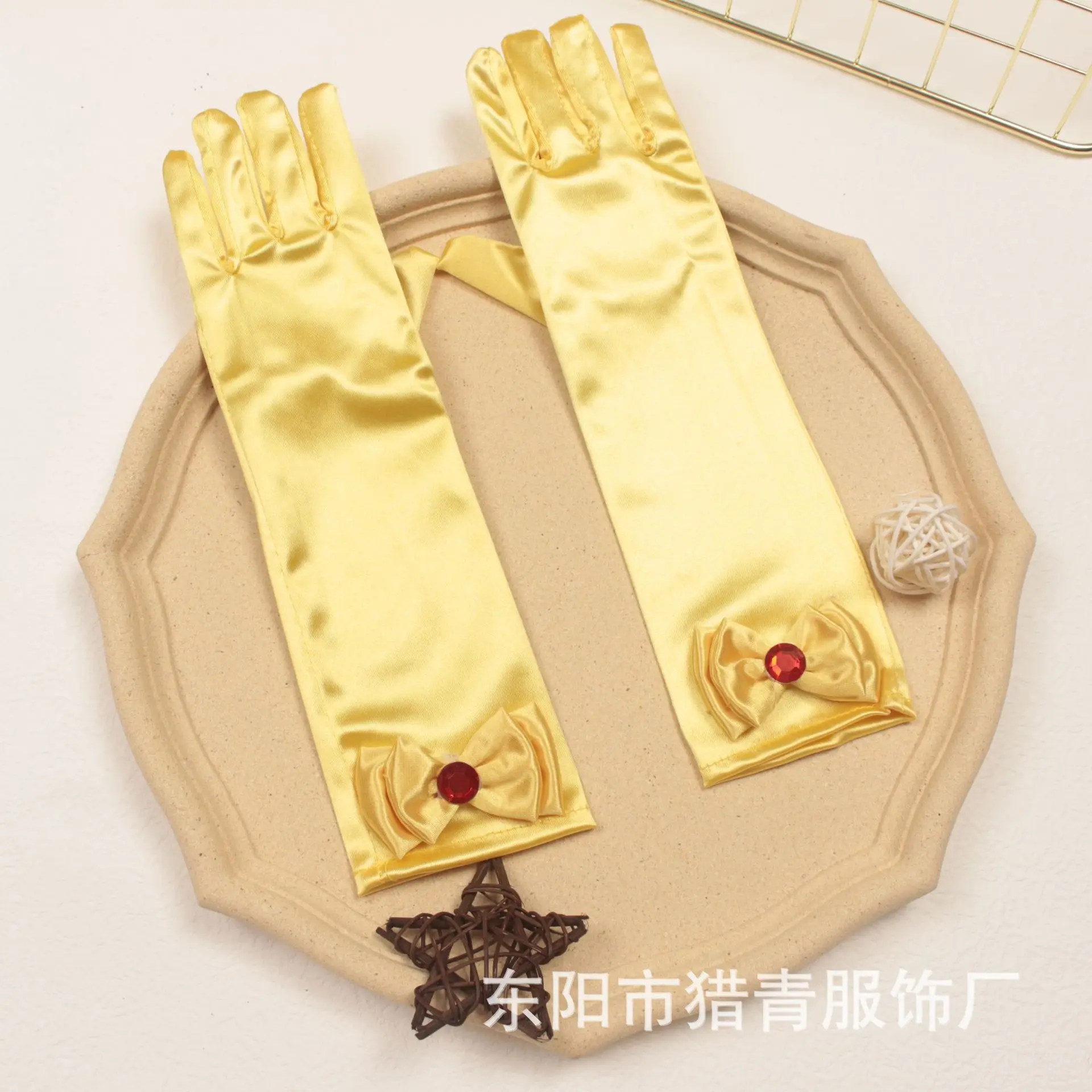 Girls Gloves Satin Solid Color Bow Pearl Rhinestone Long Soft Smooth Wedding Flower Girl Stage Performance Party Dress Light New