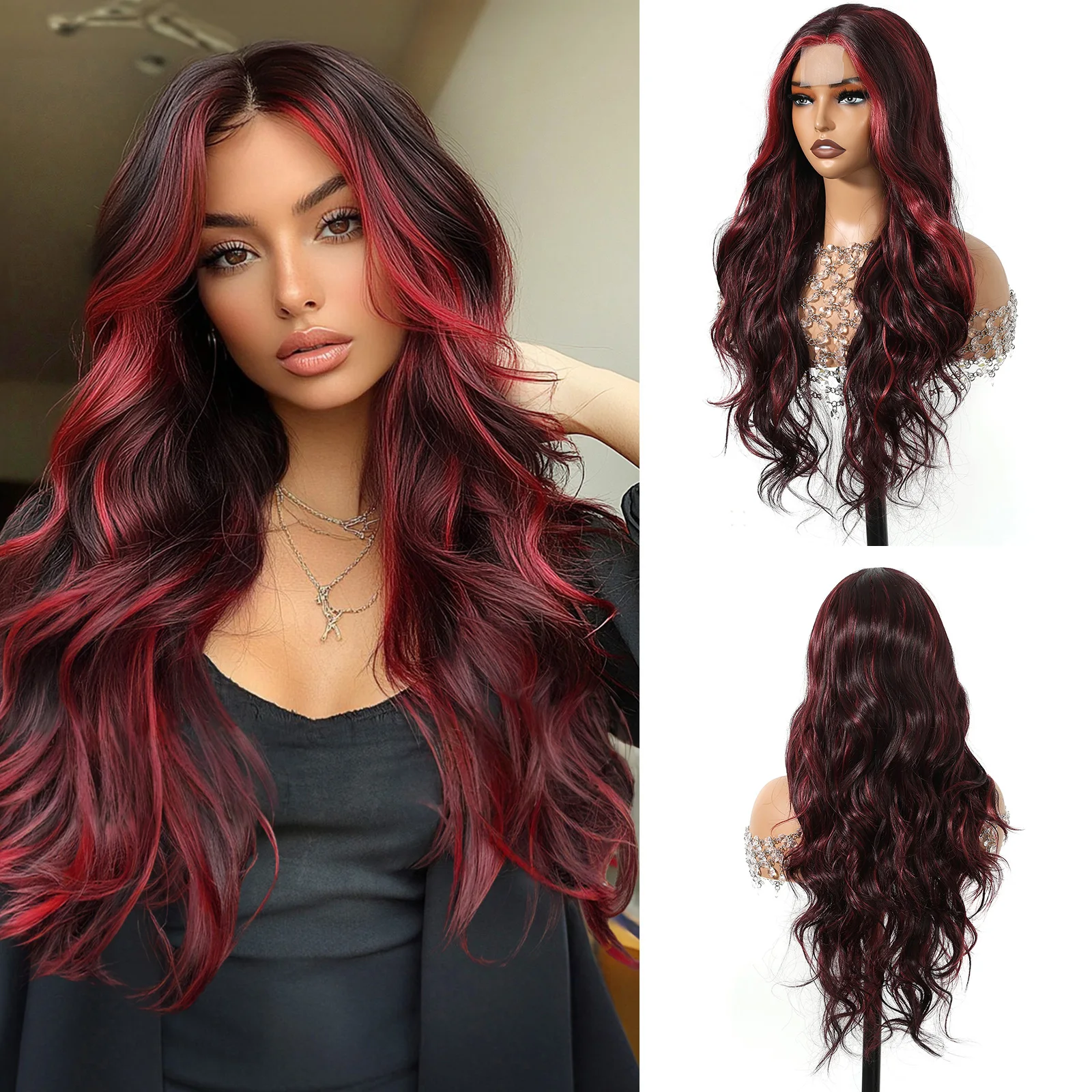 

Винно-красные волнистые синтетические парики Длинные волнистые бордовые женские парики Натуральные волосы Ручная завязка волос Парики фронта шнурка для женщин Ежедневное использование