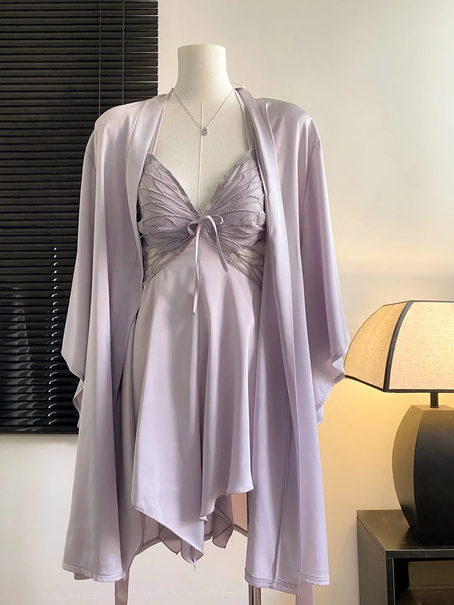 Chemise Women Gown Sleepdress Sexy Lace Nighty Robe Spaghetti Strap Sleepwear Summer Silk Satin Nightdress Loungewear Side Bow