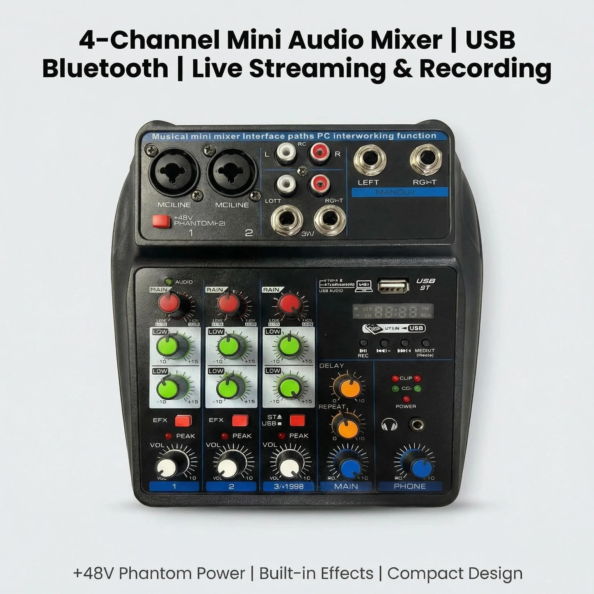 

4-канальный мини-аудиомикшер USB Bluetooth с фантомным питанием +48В, DJ-микшер для прямых трансляций, подкастинга, караоке, записи