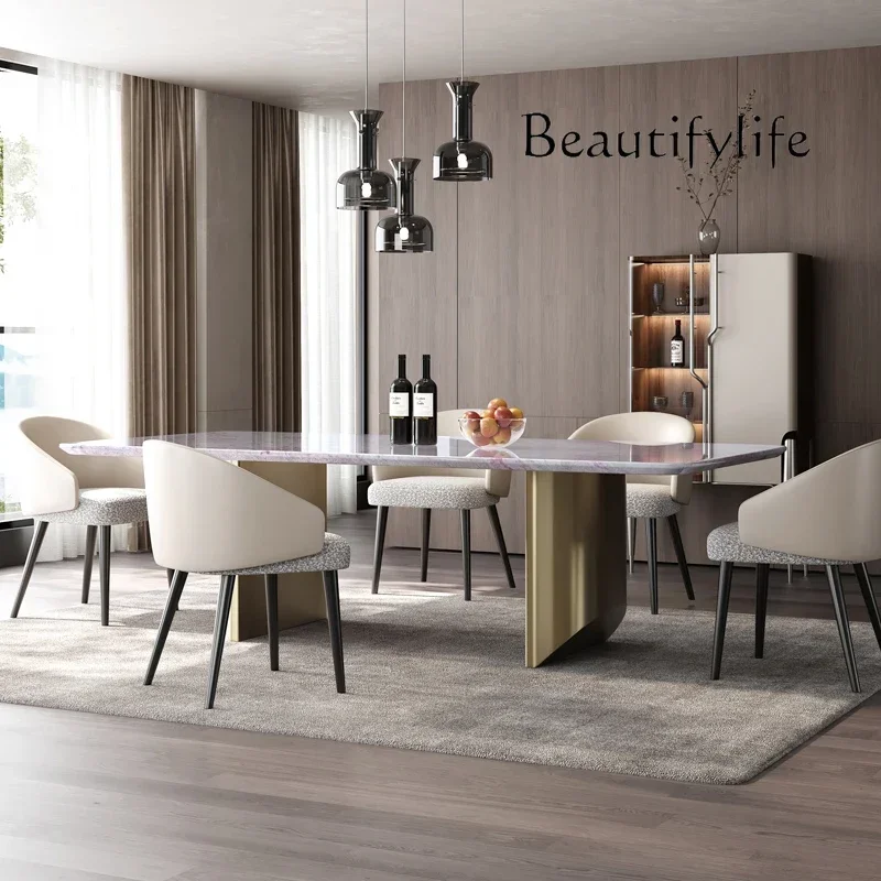 

BJ Natural Marble Rectangular Dining Table Modern Simple Light Luxury Dining Table Imported Rainbow Luxury Stone Dining Table