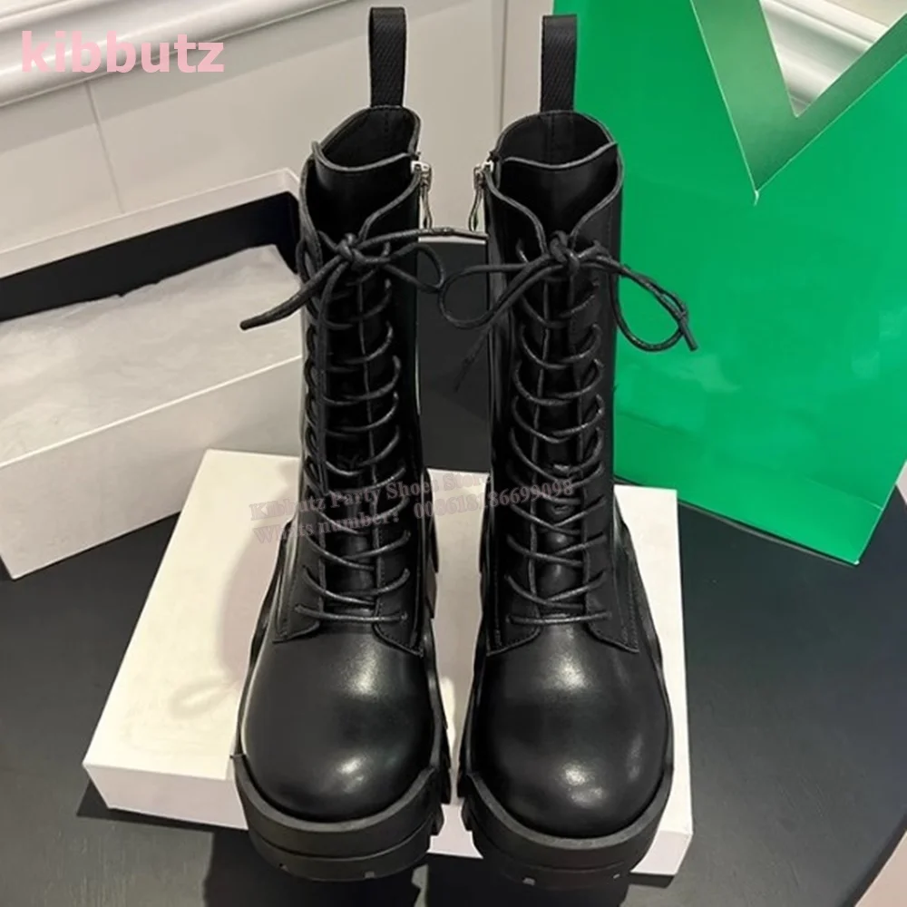 Lace-Up Motorcycle Mid Calf Boots Thick Height Increasing Round Toe Side Zipper Genuine Leather Solid Black Fashion Luxury Shoes