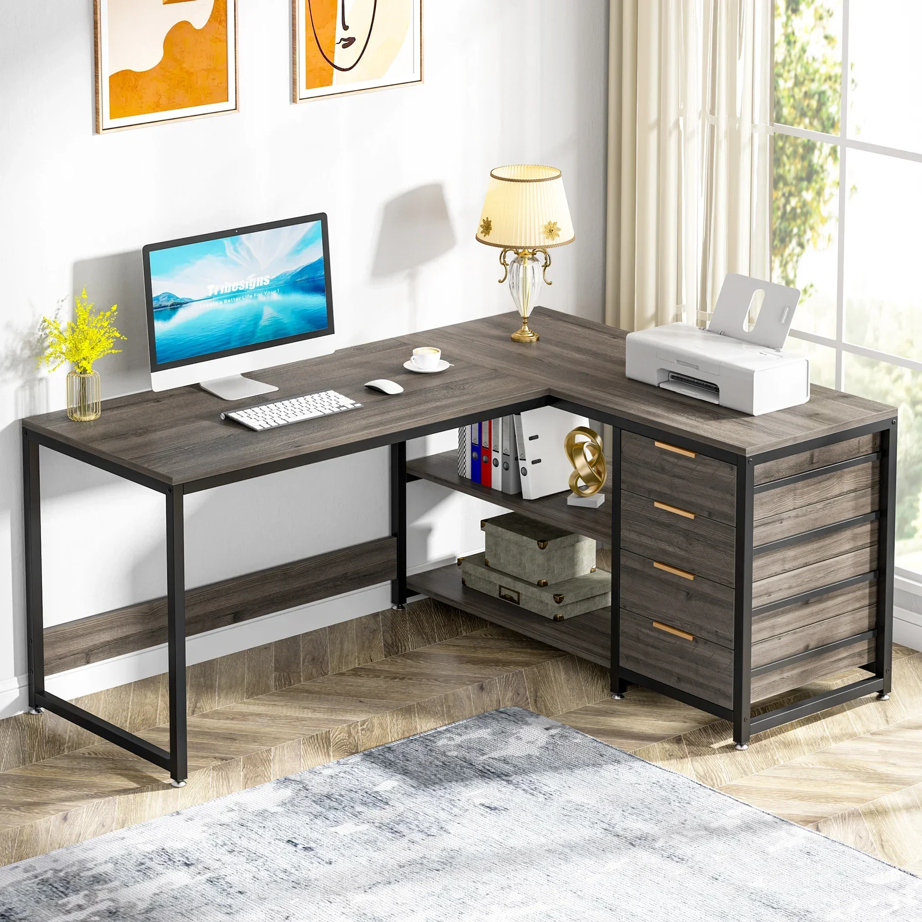 Tribesigns L Shaped Computer Desk with Storage Drawers, 59 inch Corner Desk with Shelves, Reversible L-Shaped Office Desk