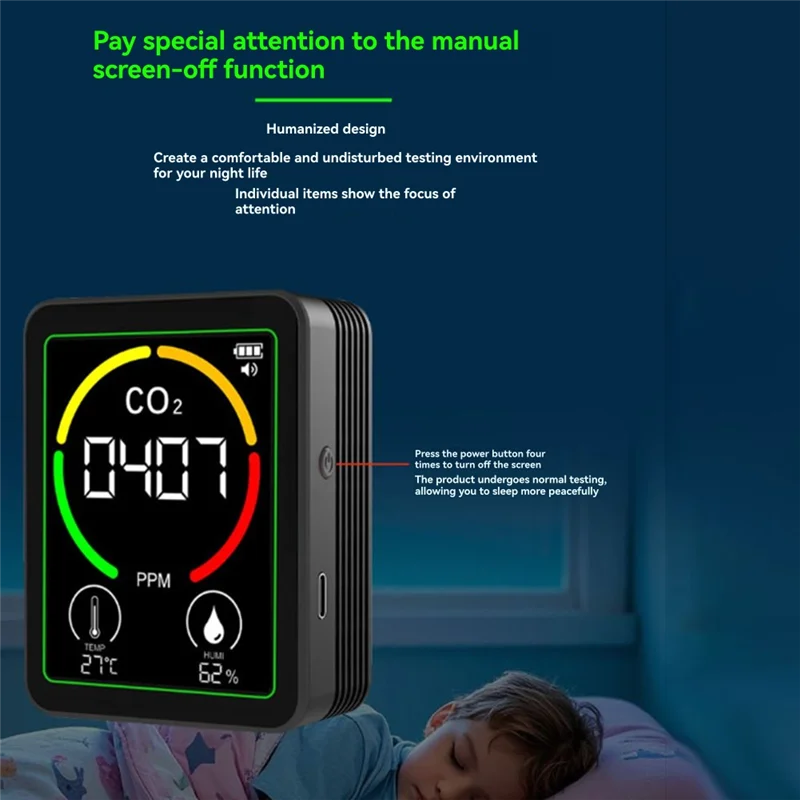 جهاز اختبار درجة الحرارة والرطوبة 3 في 1 من Hot Ltem MT03 مع حامل كاشف ثاني أكسيد الكربون ومراقبة جودة الهواء باللون الأسود