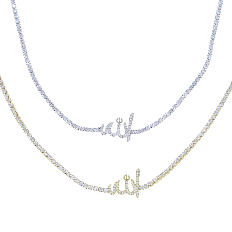 Geometric Arabic Letter CZ Choker Necklace for Women\'s Fashion Jewelry Full Cz Stone Tennis Necklaces Gold/Platinum Plated Color
