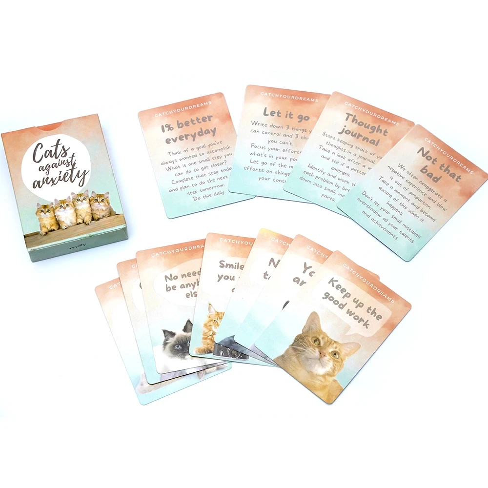 Karty Przeciwko Lękowi dla Kotów - 50 Kart na Wyznanie Siebie i Redukcję Stresu, Afirmacje na Emocje Lękowe 9*6,5cm