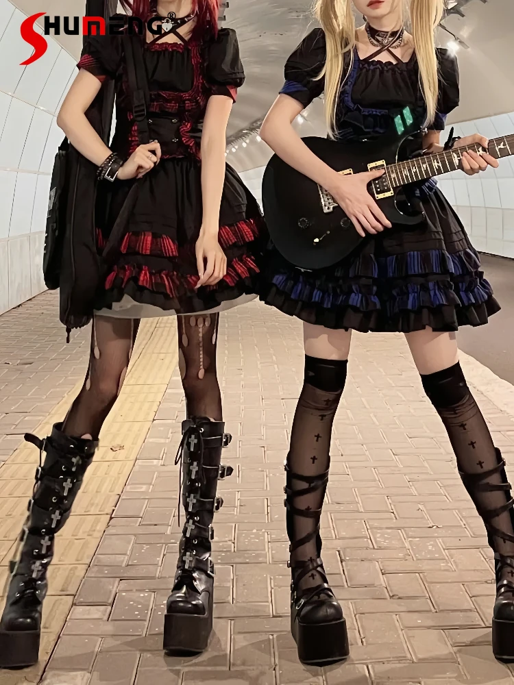 Japanische Punk Rock Mädchen Lolita setzt quadratischen Kragen Puff ärmel Slim Fit Top hohe Taille Blase kurze Röcke zweiteilige Set Frauen