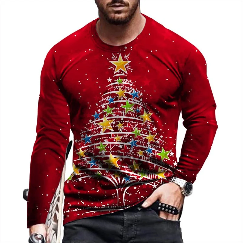 

Christmas Tree Pattern Men's Fashion T-Shirts Autumn Winter Long Sleeve 3d Print Christmas Street Male T Shirt 6XL Big Size Tops