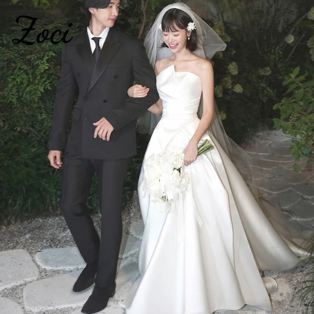 Zoci Satin Strapless Wedding Dress A-line Draped Sweep Train Korea Bridal Gown Customized Sleeveless Photo Shoot Gown for Bride