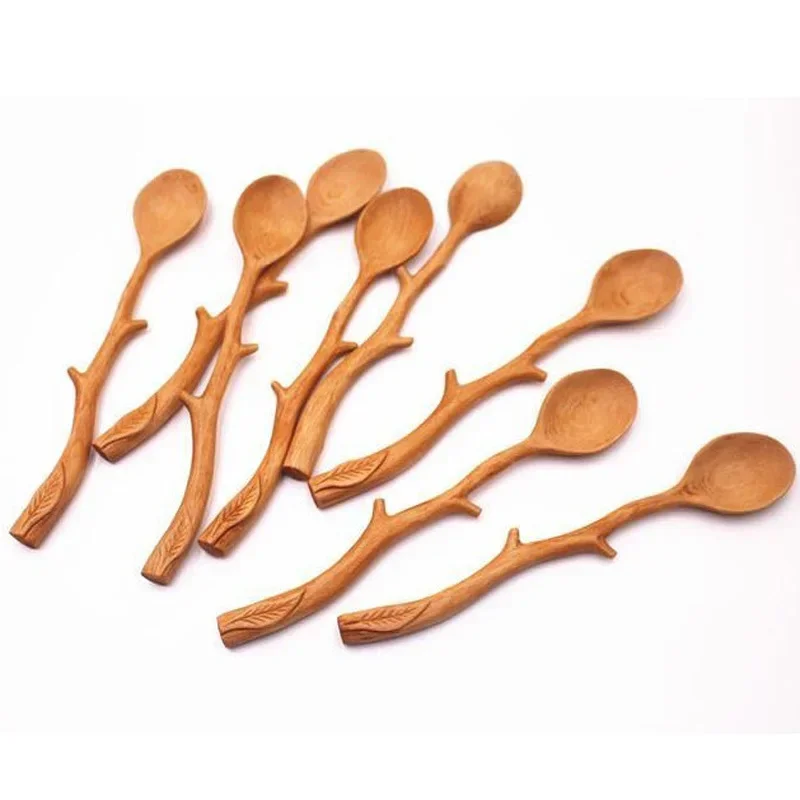 200Pcs Japanese Style Wooden Spoon Special Branch Shape Long-Handled Soup Stirring Tableware For Kitchen Cookware Accessories