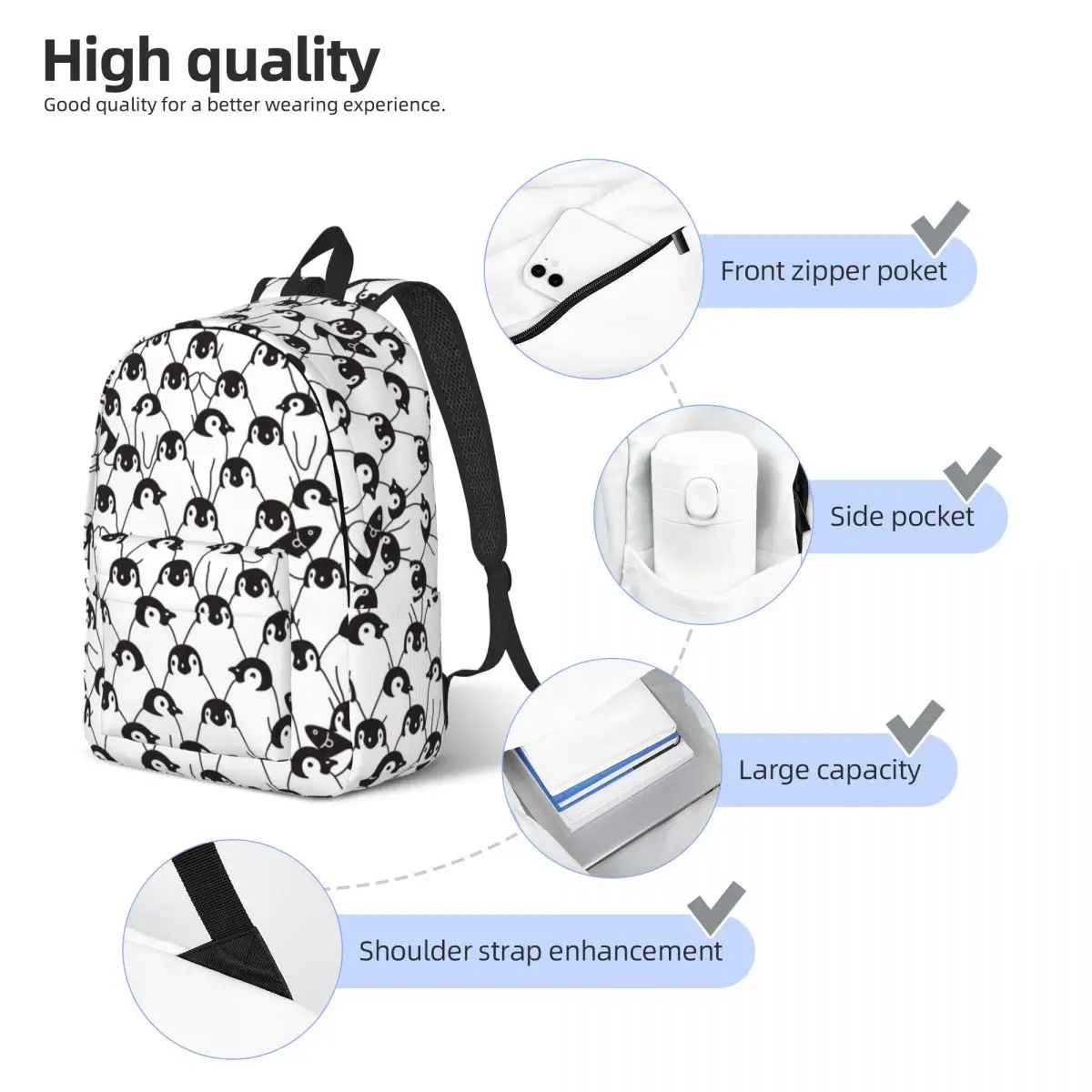 Mochila de grande capacidade para homens e mulheres, Bolsa escolar para estudante, bonito padrão pinguim