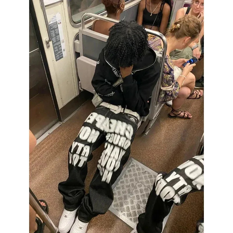 

Hip Hop letter printed black pants men women trend jeans fashion punk loose straight wide leg trousers streetwear