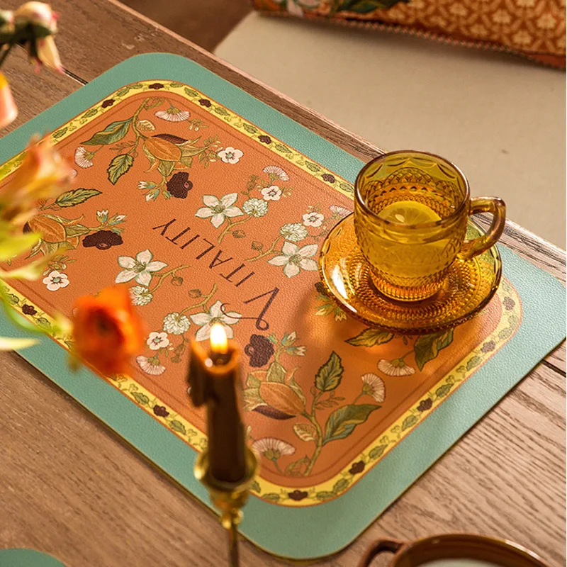 

Ins Light Luxury Retro Leather Placemats Modern Floral Romantic Western Dinner Mat Home Anti-heating Pad PVC Bowl Mat Coaster