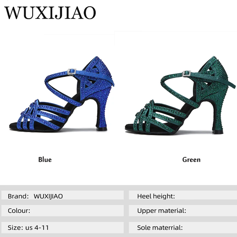 WUXIJIAO  Rhinestone Satin Ladies Party Sandals Ballroom Latin Dance Blue Soft Sole Wedding Shoes