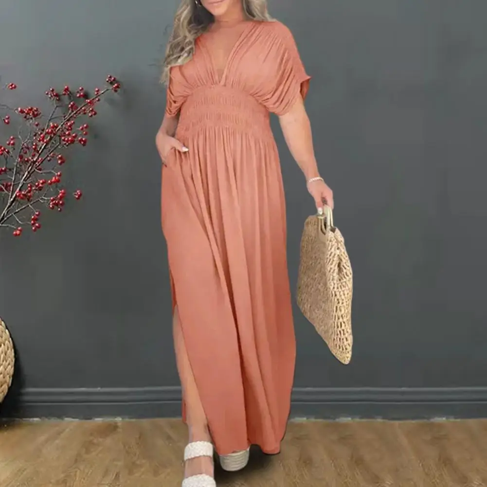 

Dress Elegant Maxi Dress With Pleated Bat Sleeves V-neck Pockets Ankle Length Solid Color Women's Fashion For Commute Loose Fit