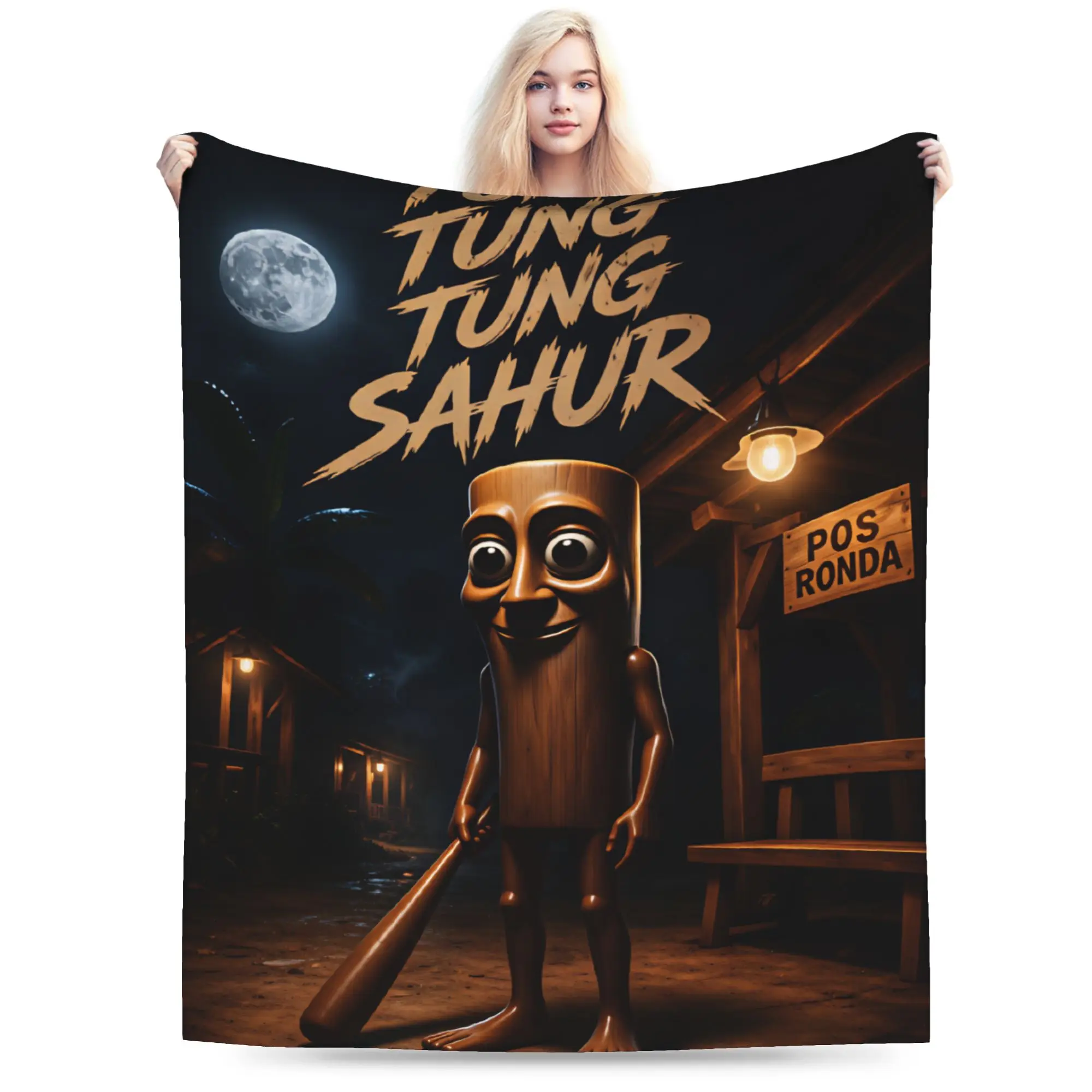 Tung Tung Sahur Midnight Moon Horror Meme Blanket Cozy  Throw Blanket Spring Girls Outdoor Travel Bedspread