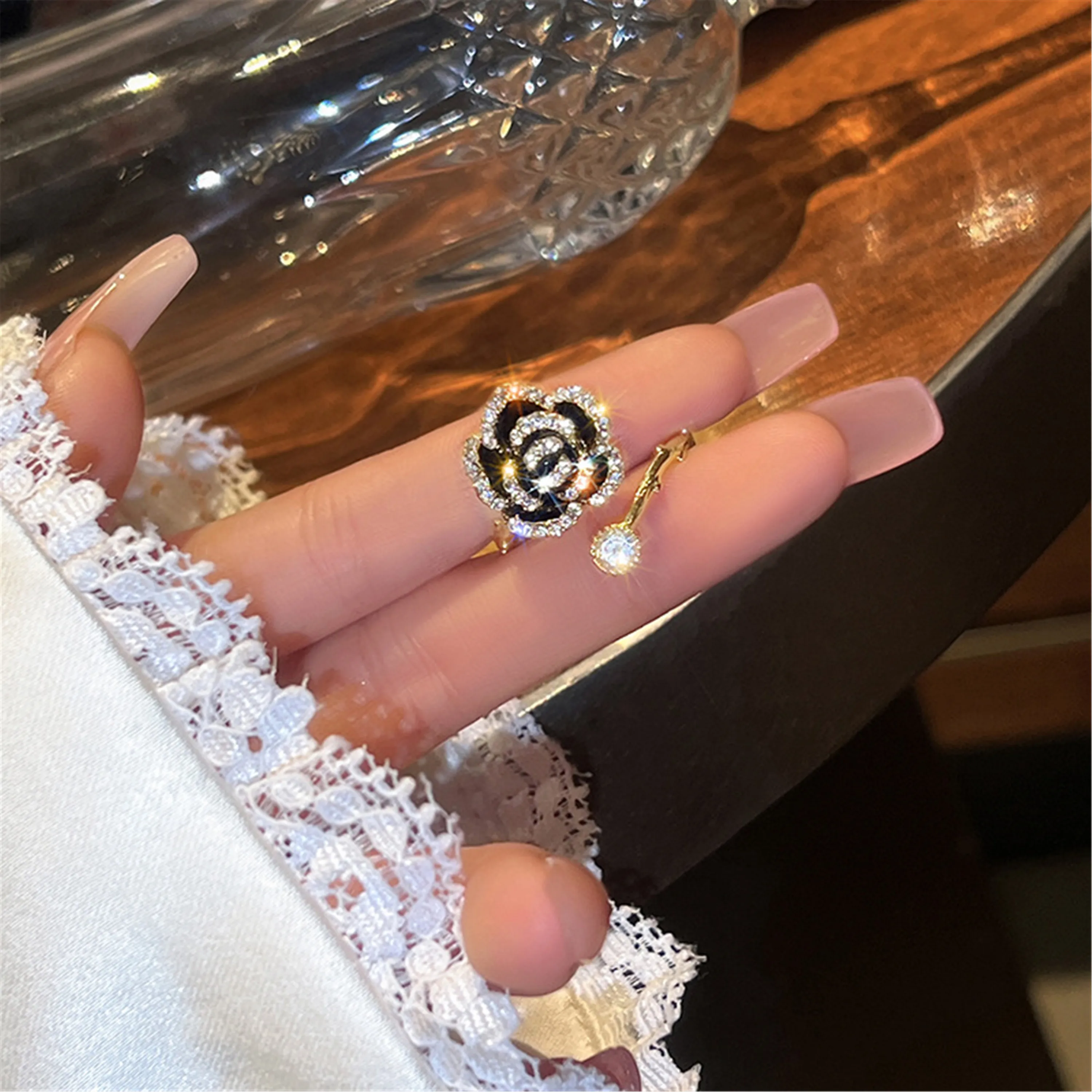 Black Camellia Advanced Ring Women's French Small Fragrance Opening Adjustment Index Finger Ring ins Fashion Personality Ring