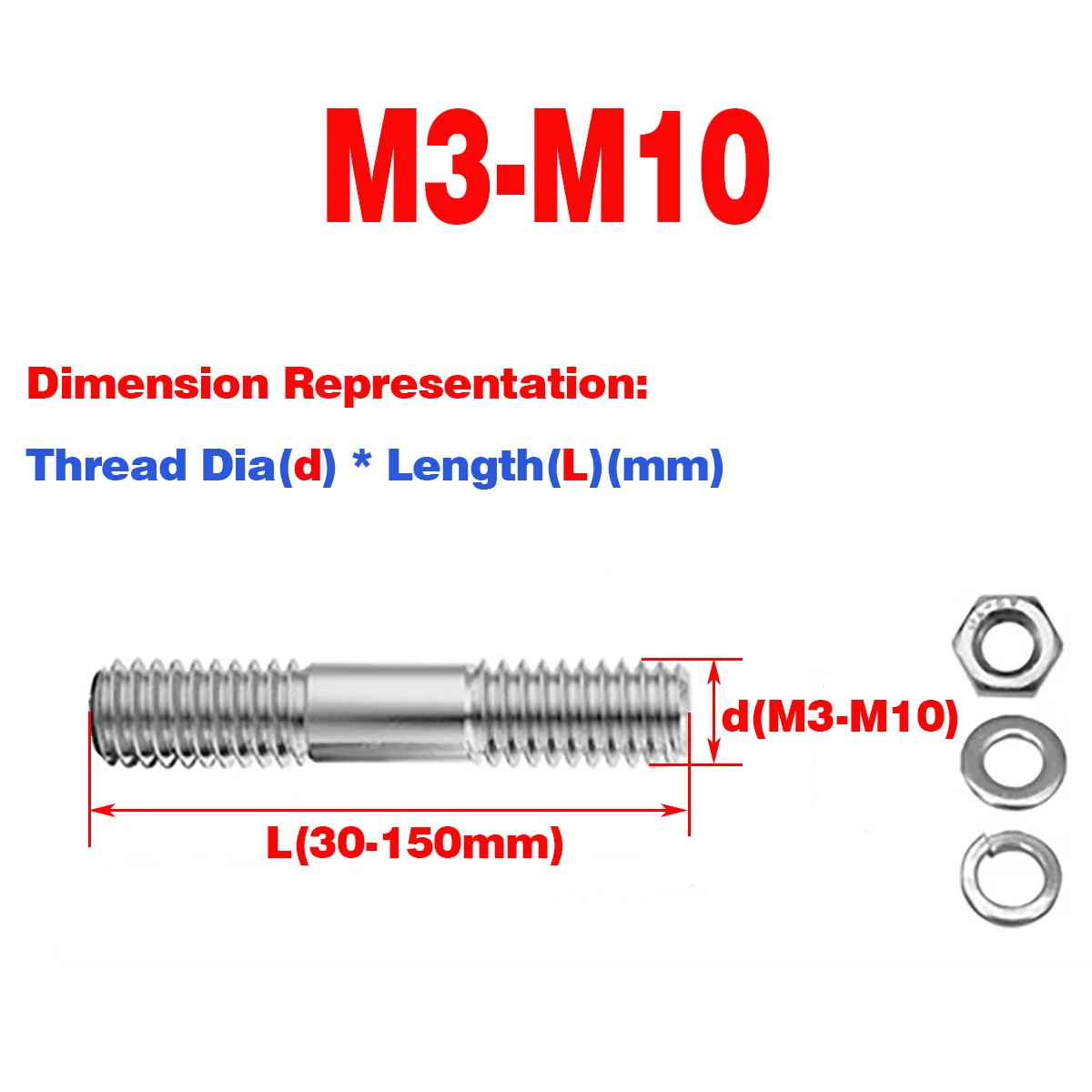 

304 SS Double-Head Screw, Nut, Flat Washer, Spring Washer Set M3-M10