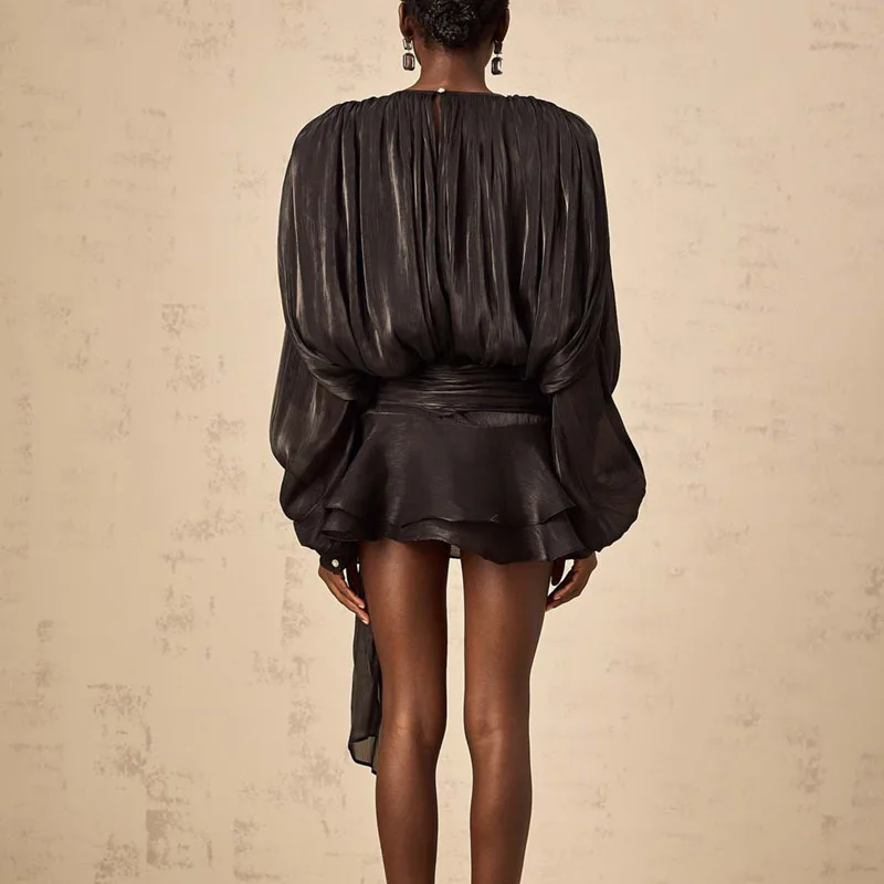 Abiti da donna alla moda 2025 Primavera O Collo con lacci Abiti da festa eleganti in raso Francese Autunno Manica a sbuffo Increspature Mini abito a pieghe