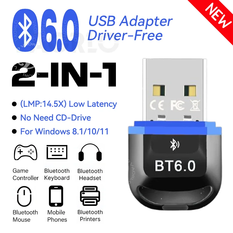

USB-адаптер Bluetooth 6.0 для ПК с Windows 8.1/10/11, USB-передатчик Bluetooth для беспроводной клавиатуры/мыши/наушников/принтеров