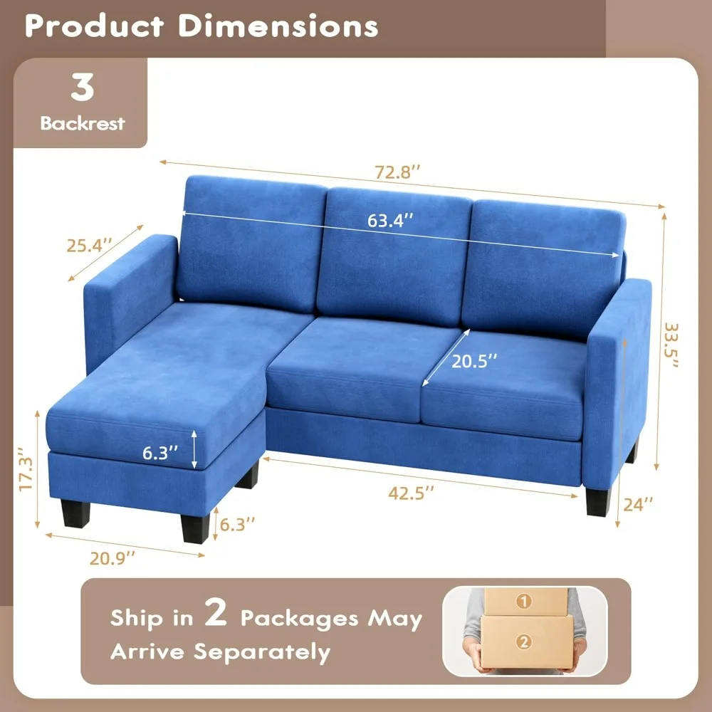 3 seat L-Shaped Small Sofa with Movable Ottoman Couch for Small Apartments, Living Rooms and Offices (Linen Fabric, Light Blue)