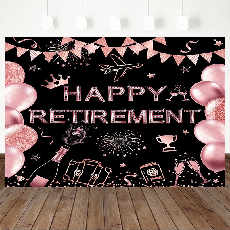 Mocsicka Happy Retirement Photography Backdrop Black Pink Glitter Balloons Champagne Travel Backgrounds Cloth Party Photo Booth