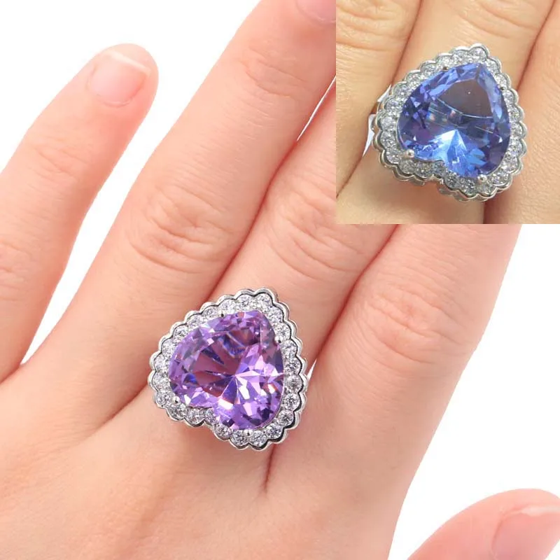 Buy 4 Get 1 Free  21x21mm Delicate Fine Cut 6.3g Heart Shape Zultanite Color Changing Alexandrite Topaz CZ Women Silver Rings