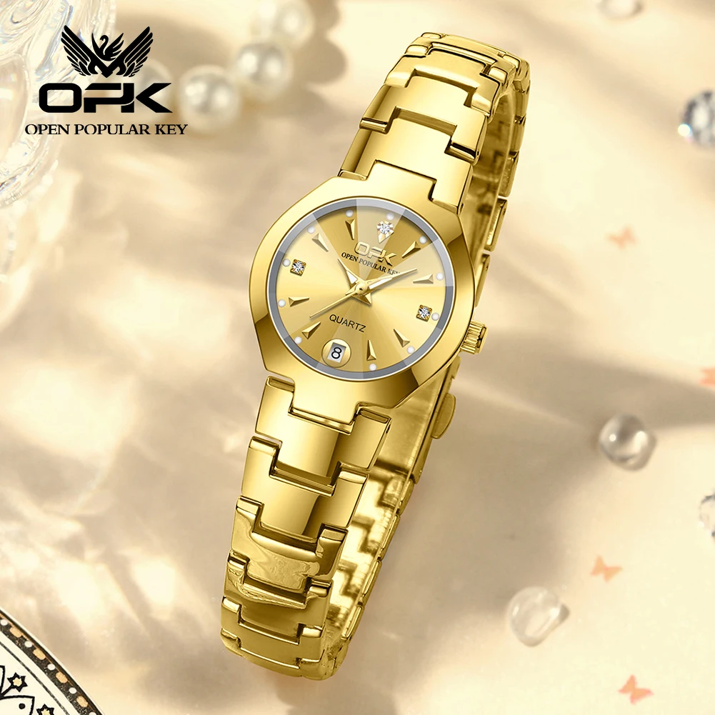 OPK 8105 Women's Watches Diamond Design Stainless steel Strap Waterproof Date Quartz Wristwatch for Ladies