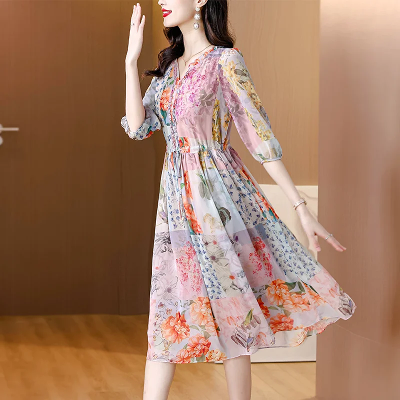 2024 Frauen Boho Strand rosa Blumen Seide Freizeit kleid Sommer koreanische Mode elegante Midi Vestidos koreanische Luxus Tanz Party Kleid