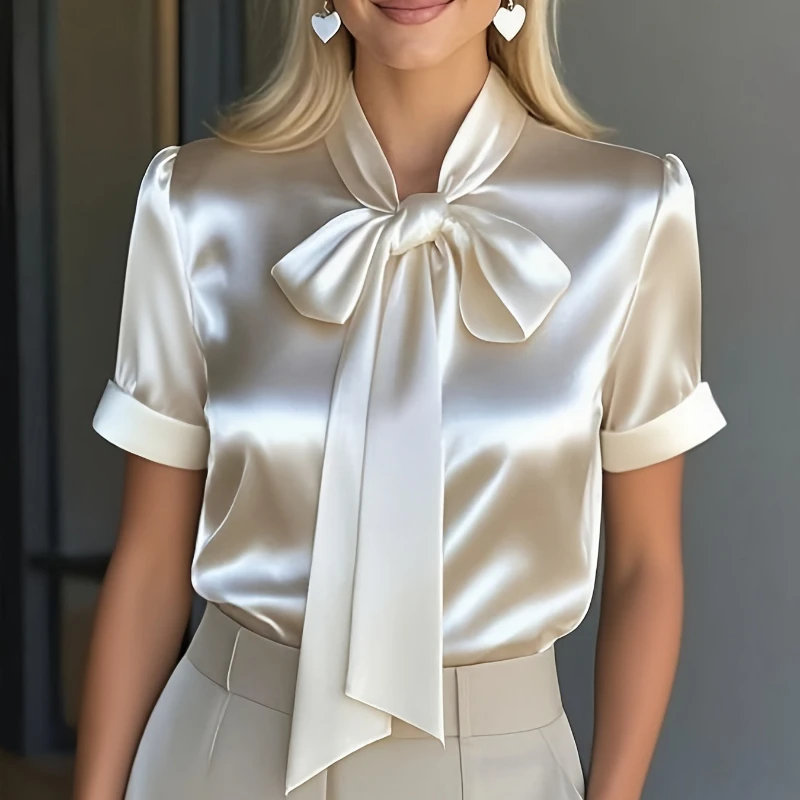 2026 New, Satin Bow Short-sleeved Shirt Women's Spring and Summer New Women's Clothing